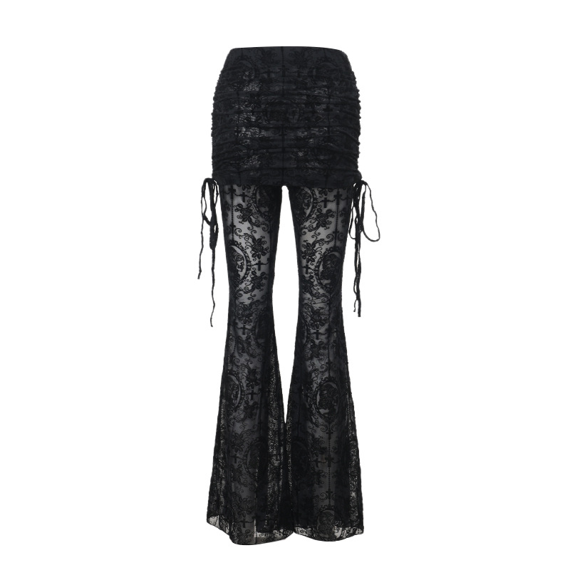 Y2K Gothic Streetwear Lace Mesh Flared Pants Black Sexy Perspective Long Trousers