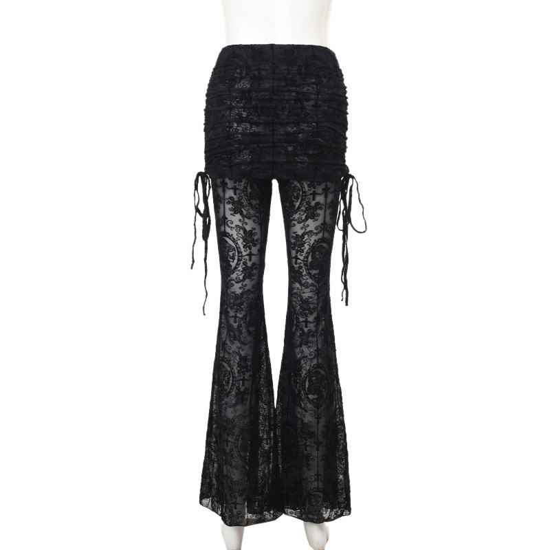 Y2K Gothic Streetwear Lace Mesh Flared Pants Black Sexy Perspective Long Trousers