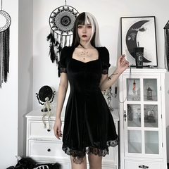 Suede Square Neck Lace Edge Bubble Sleeve Dress New Solid Color Short Skirt