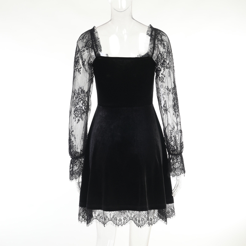 Dark Hip-Hop Lace Fashion Dress with Chest Highlighting Horn Long Sleeved Skirt