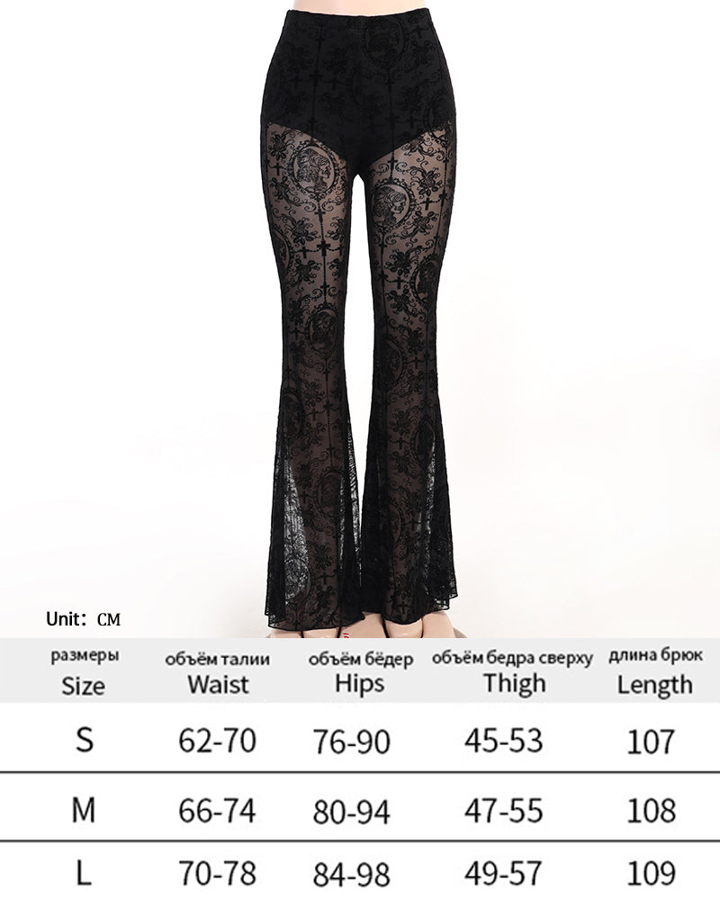 Y2K Gothic Streetwear Lace Mesh Flared Pants Black Sexy Perspective Long Trousers