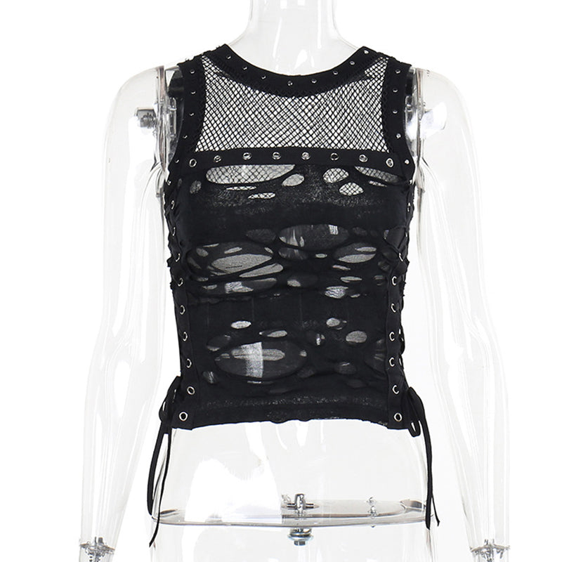 Dark Halloween Style Lace Tank Top Punk Navel Print Sexy Backless Streetwear Y2K Camisole
