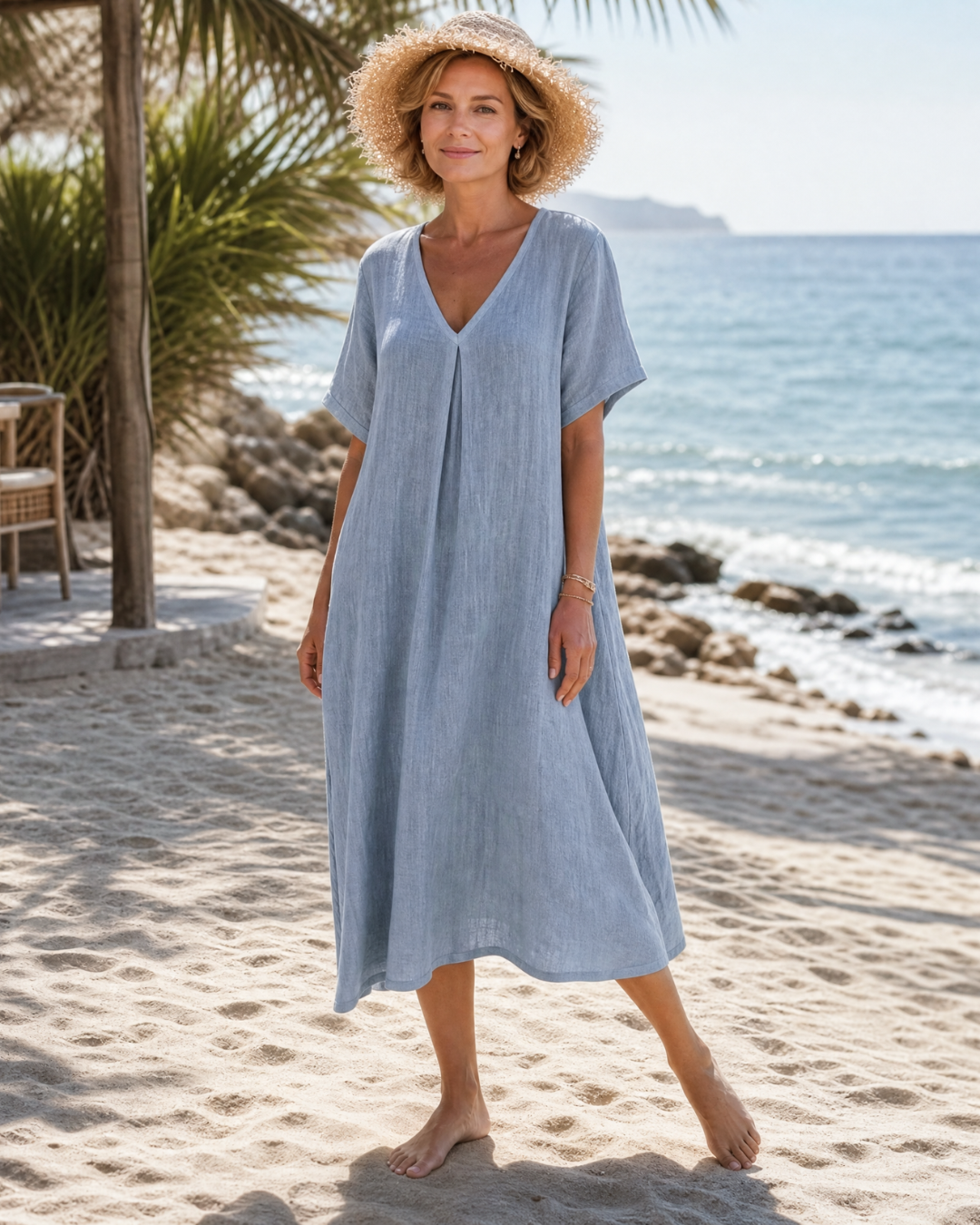 Romy Midikleid aus Baumwollmix mit V-Ausschnitt