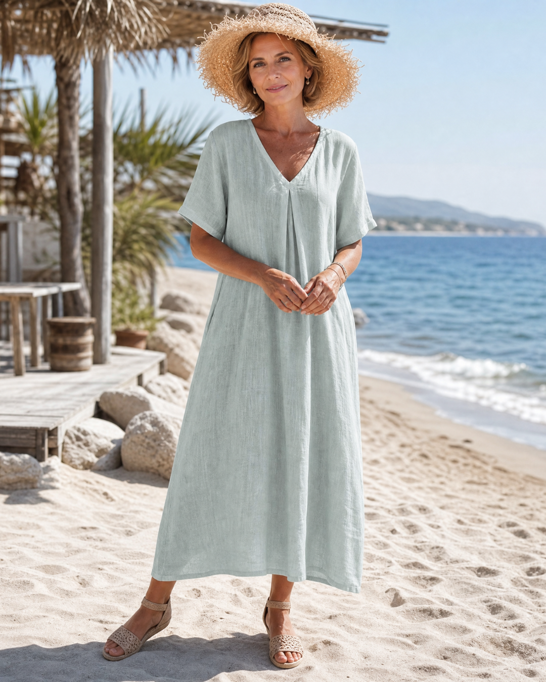 Romy Midikleid aus Baumwollmix mit V-Ausschnitt