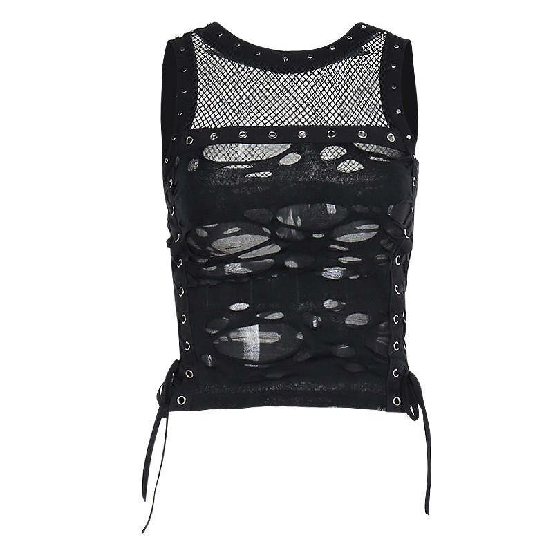 Sexy Slightly Transparent Spicy Tank Top Dark Style Punk Trendy Ripped Mesh Fabric Vest