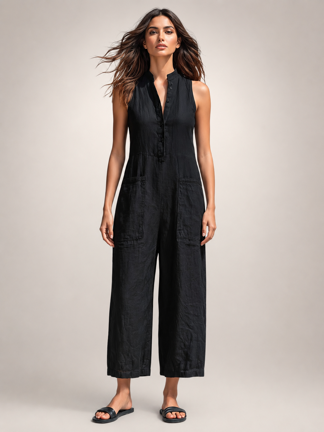 Frieda | Sleeveless Linen Jumpsuit with Stand-Up Collar