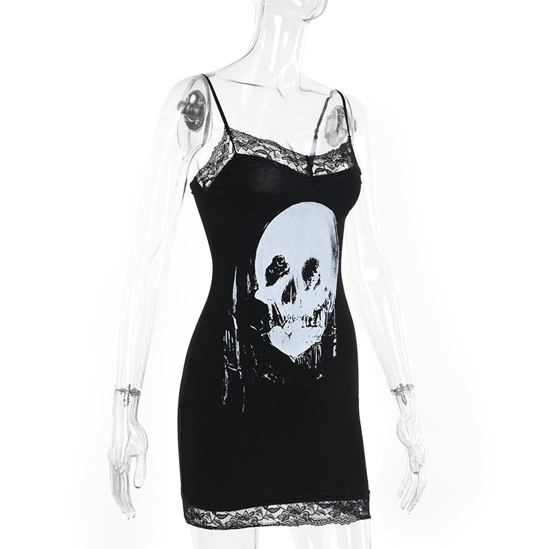 Dark Style Personalized Spicy Girl Short Skirt with Skull Print Suspender Skirt
