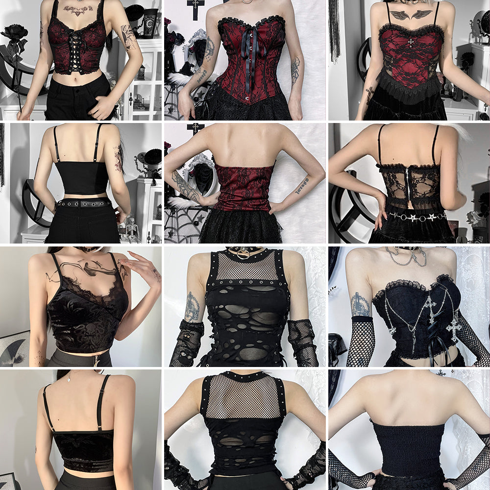 Dark Halloween Style Lace Tank Top Punk Navel Print Sexy Backless Streetwear Y2K Camisole
