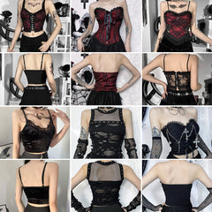 Dark Halloween Style Lace Tank Top Punk Navel Print Sexy Backless Streetwear Y2K Camisole