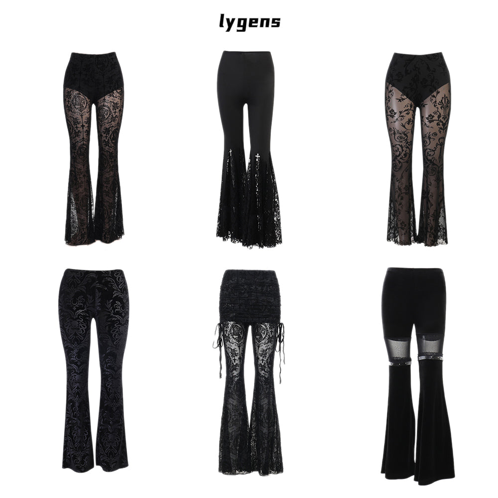 Y2K Gothic Streetwear Lace Mesh Flared Pants Black Sexy Perspective Long Trousers