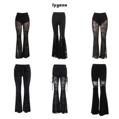 Y2K Gothic Streetwear Lace Mesh Flared Pants Black Sexy Perspective Long Trousers