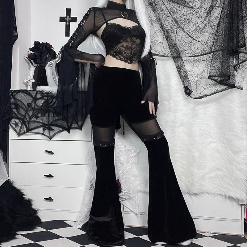 Dark Mesh Spliced Flared Pants Slim Fit and Slimming High Waisted Casual Pants