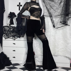 Dark Mesh Spliced Flared Pants Slim Fit and Slimming High Waisted Casual Pants