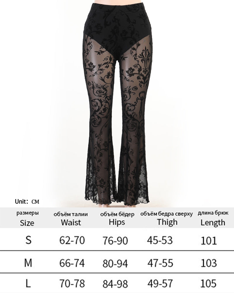 Y2K Gothic Streetwear Lace Mesh Flared Pants Black Sexy Perspective Long Trousers