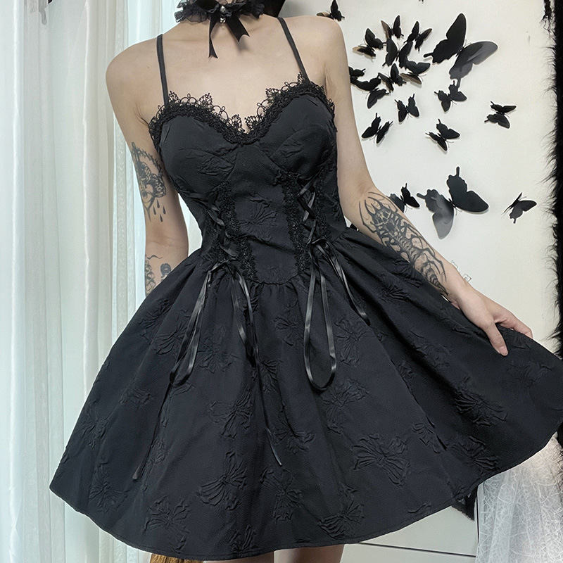 Design Sense Pleated New Dress Cross Hanging Neck Solid Color Fluffy Skirt for Women