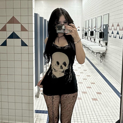 Dark Style Personalized Spicy Girl Short Skirt with Skull Print Suspender Skirt