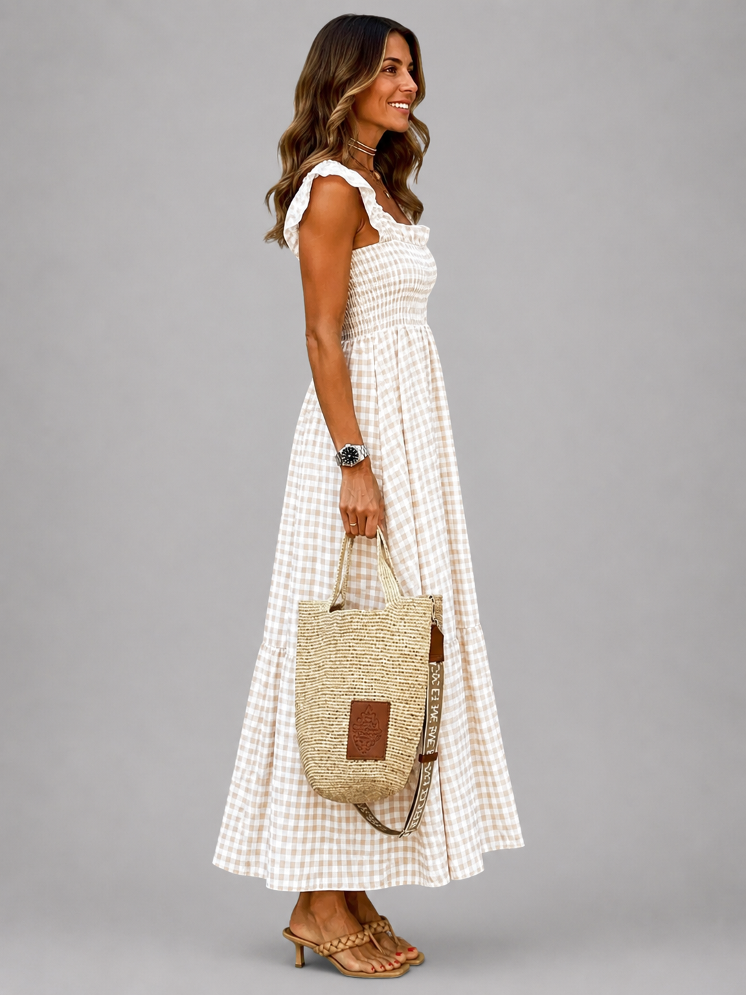 Helena | Karo-Maxikleid mit Smock-Bund