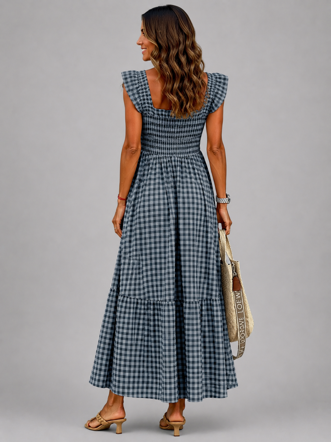 Helena | Karo-Maxikleid mit Smock-Bund