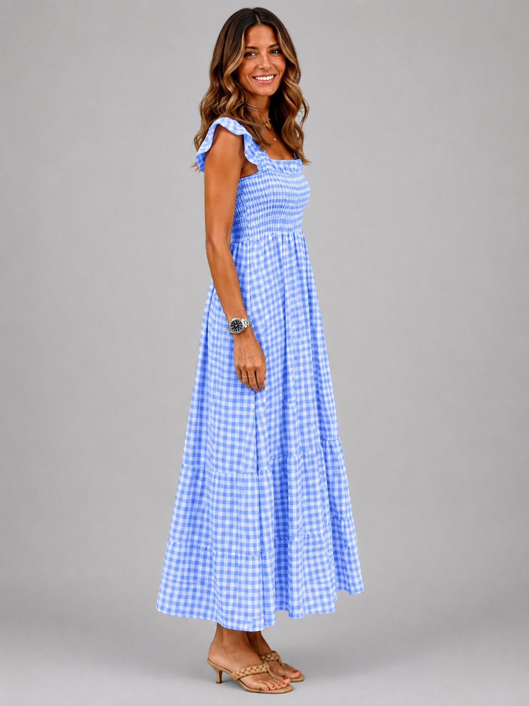 Helena | Karo-Maxikleid mit Smock-Bund