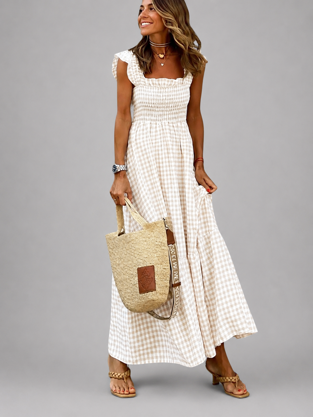 Helena | Karo-Maxikleid mit Smock-Bund