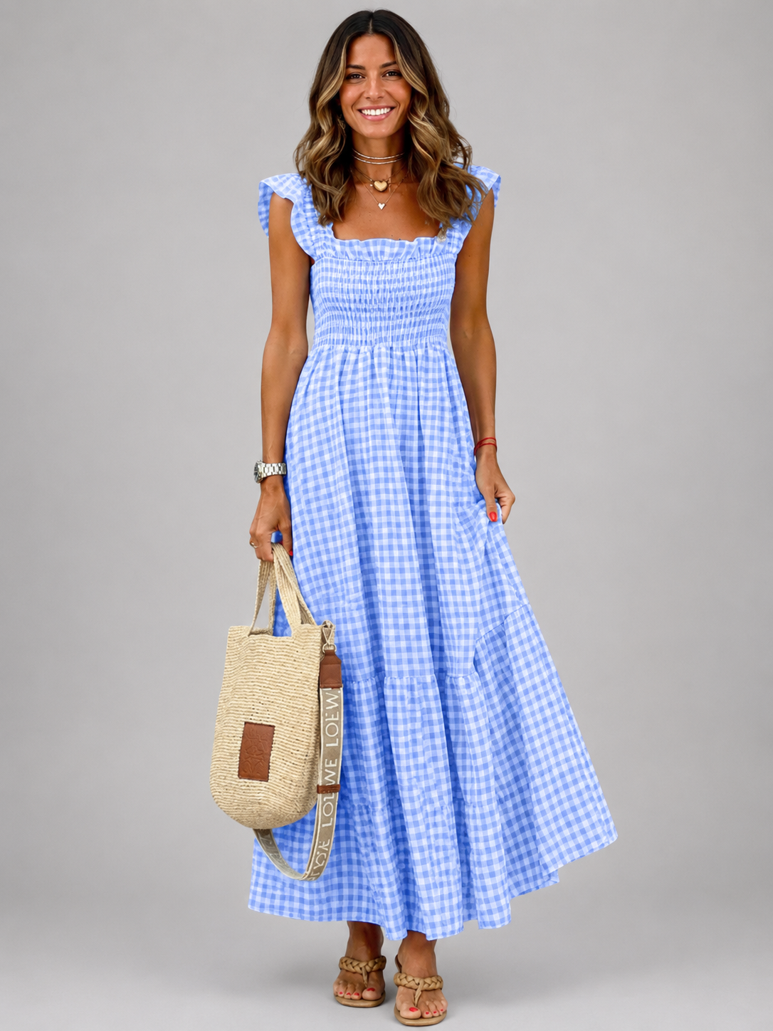 Helena | Karo-Maxikleid mit Smock-Bund
