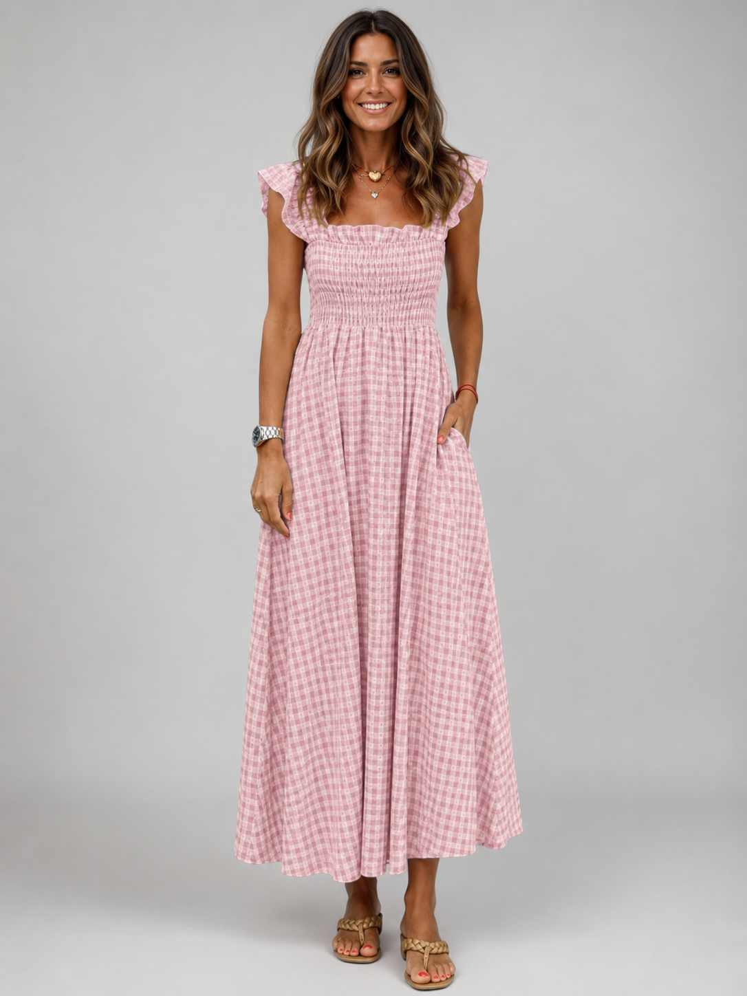 Helena | Karo-Maxikleid mit Smock-Bund