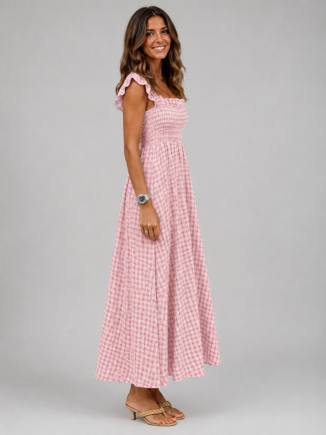 Helena | Karo-Maxikleid mit Smock-Bund