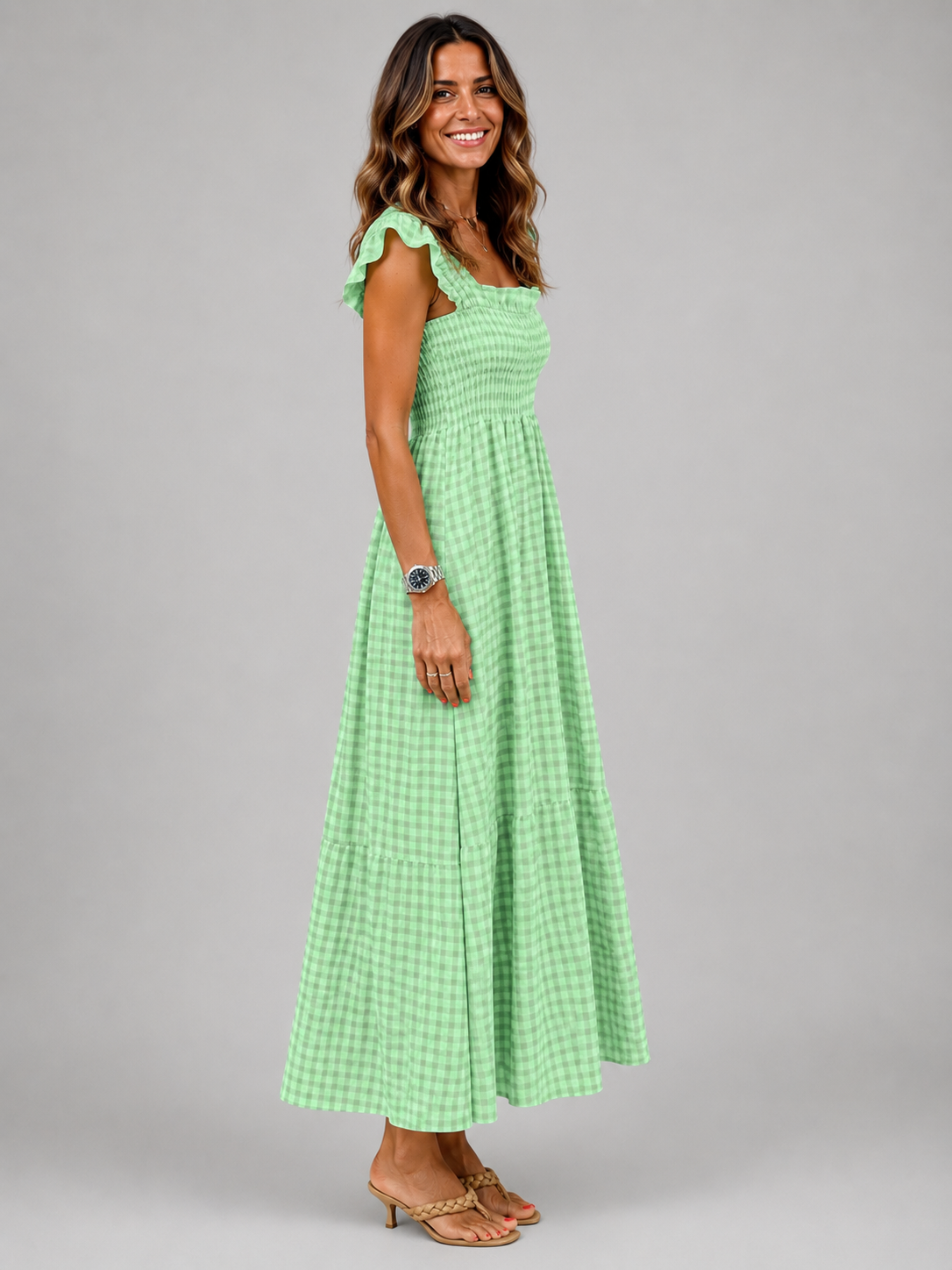 Helena | Karo-Maxikleid mit Smock-Bund