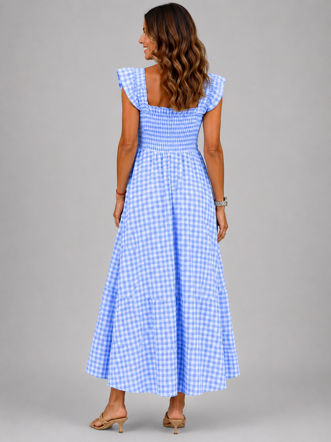Helena | Karo-Maxikleid mit Smock-Bund