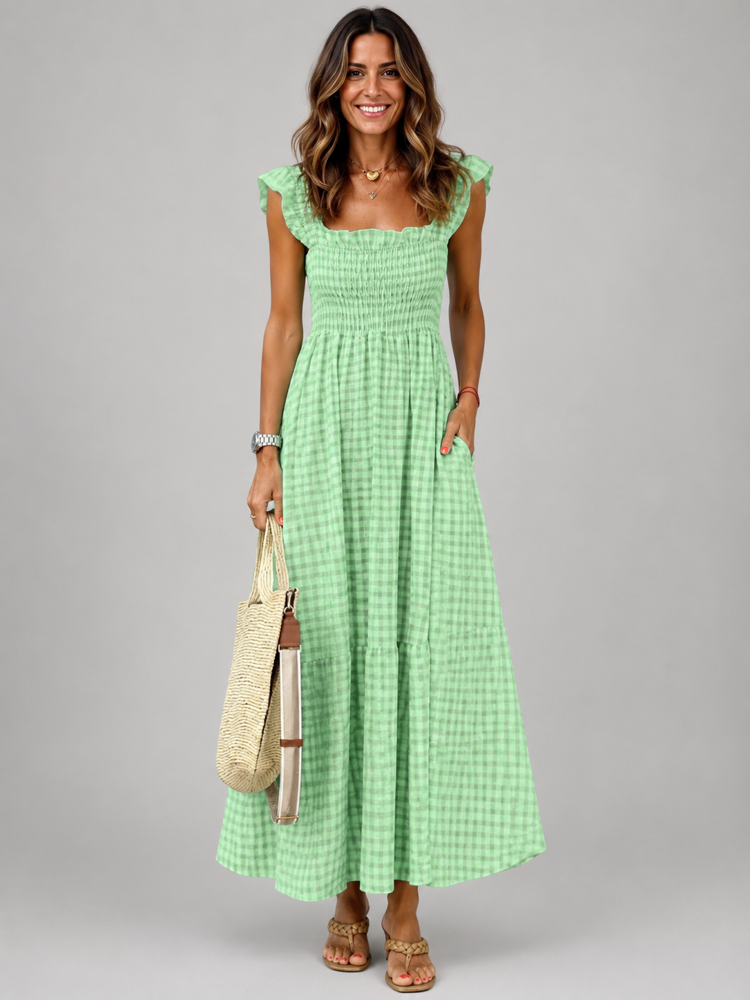 Helena | Karo-Maxikleid mit Smock-Bund