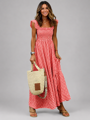 Helena | Karo-Maxikleid mit Smock-Bund