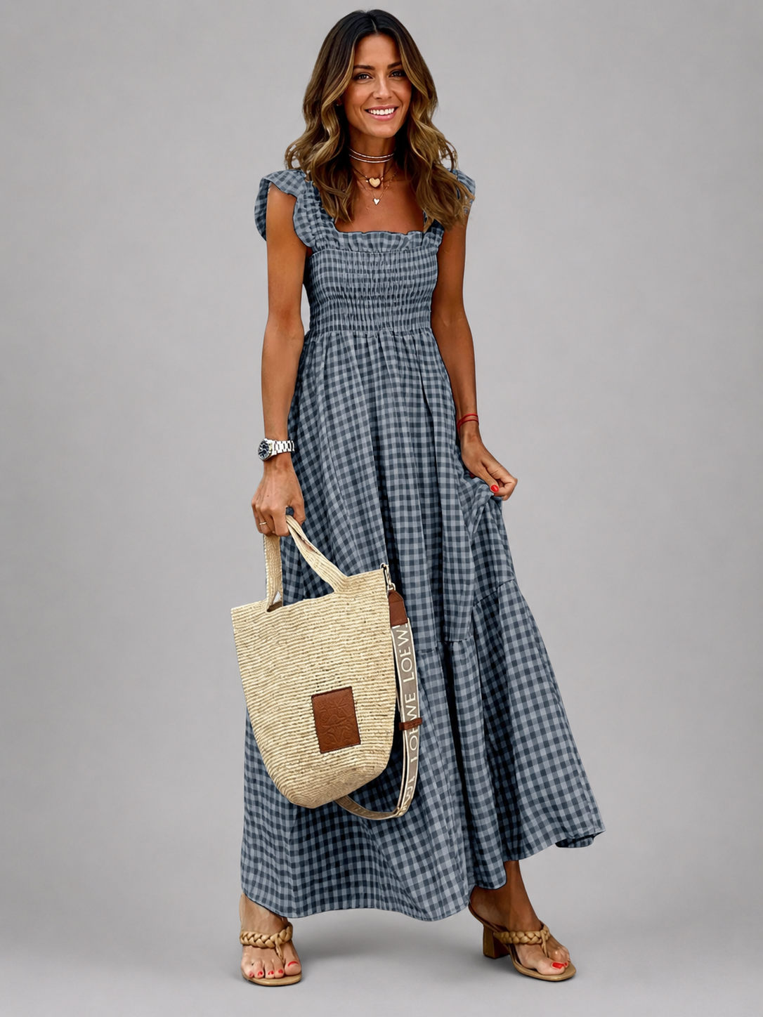 Helena | Karo-Maxikleid mit Smock-Bund