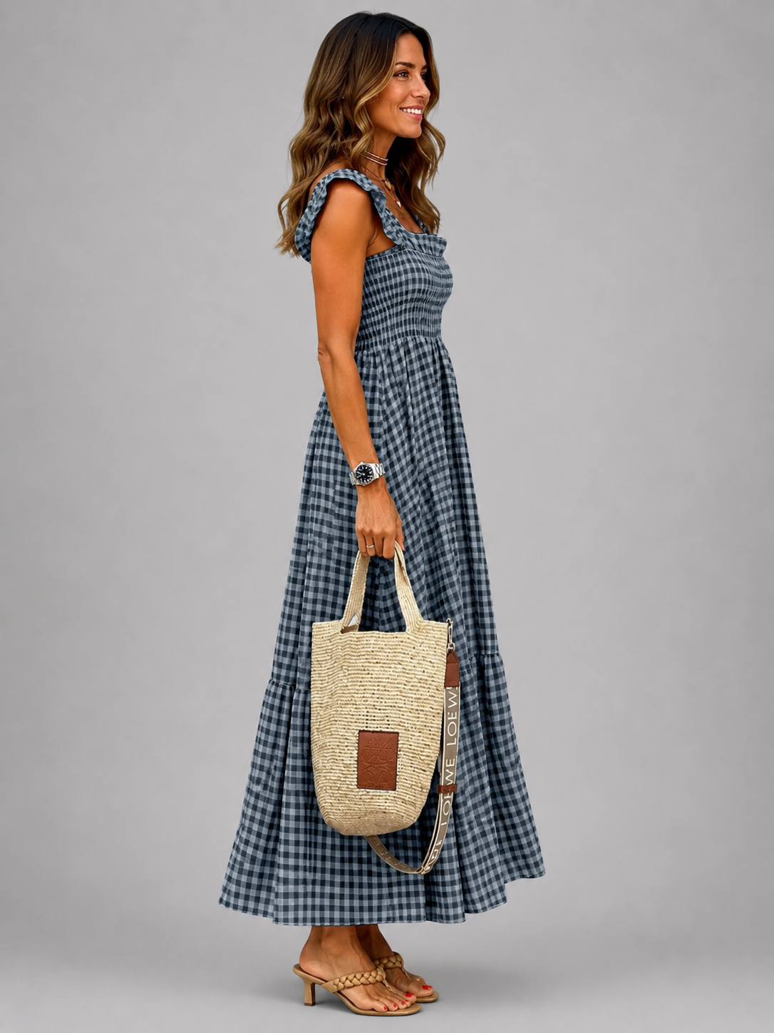 Helena | Karo-Maxikleid mit Smock-Bund
