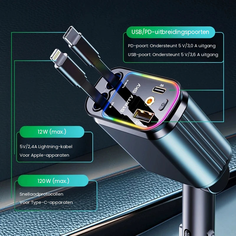 Uittrekbare 4-in-1 USB-Autolader