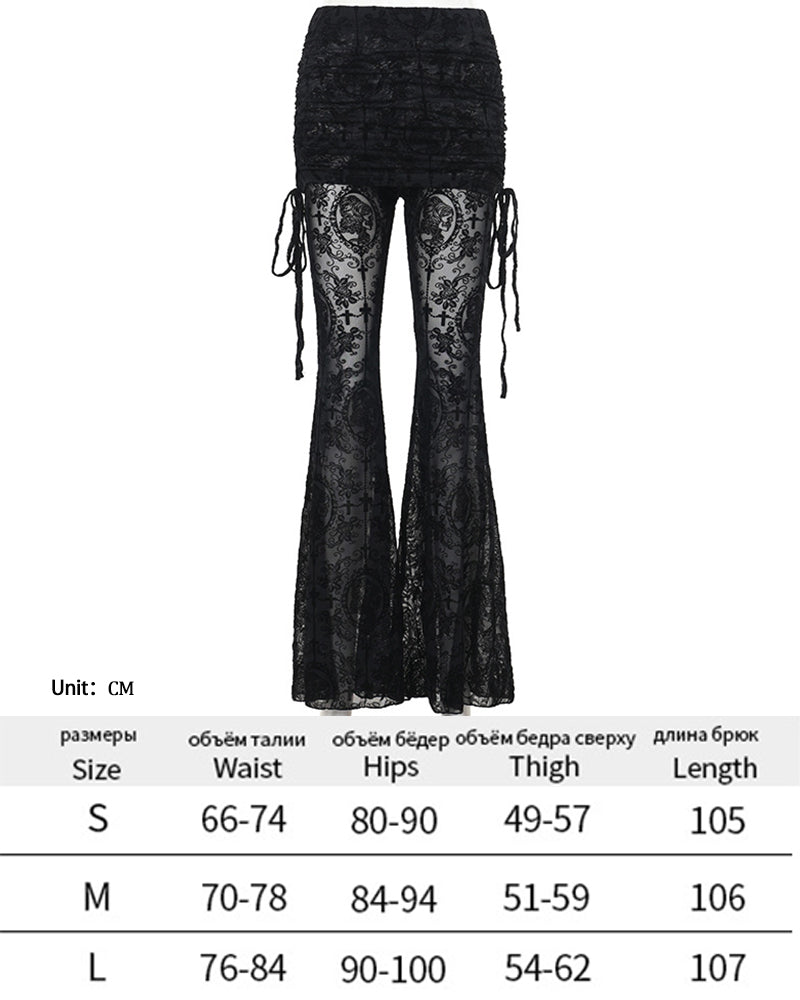 Y2K Gothic Streetwear Lace Mesh Flared Pants Black Sexy Perspective Long Trousers