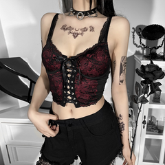Dark Halloween Style Lace Tank Top Punk Navel Print Sexy Backless Streetwear Y2K Camisole