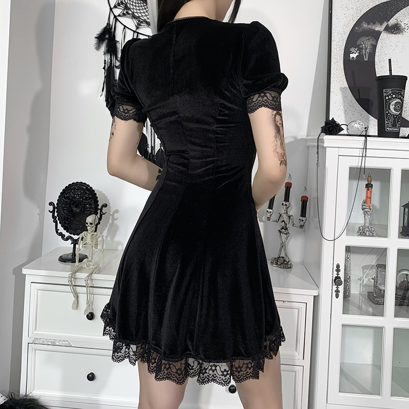 Suede Square Neck Lace Edge Bubble Sleeve Dress New Solid Color Short Skirt