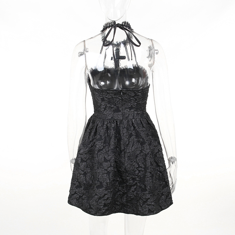 Design Sense Pleated New Dress Cross Hanging Neck Solid Color Fluffy Skirt for Women