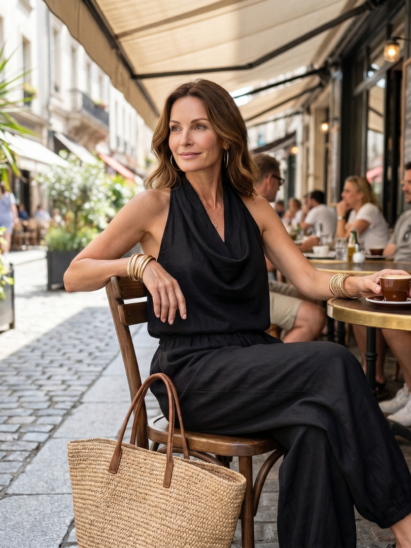 Astrid | Neckholder-Set mit Drapee-Top und weiter Hose – Ansicht 01