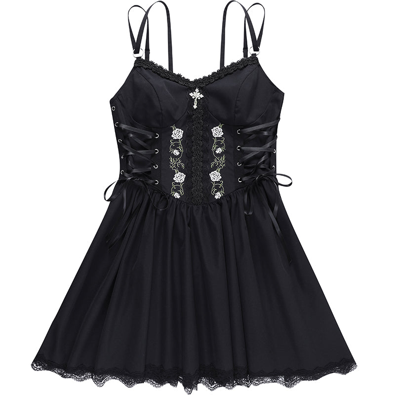Elegant Temperament Lace Dress Sexy Suspender Dress Black Waist Cinched Short Skirt