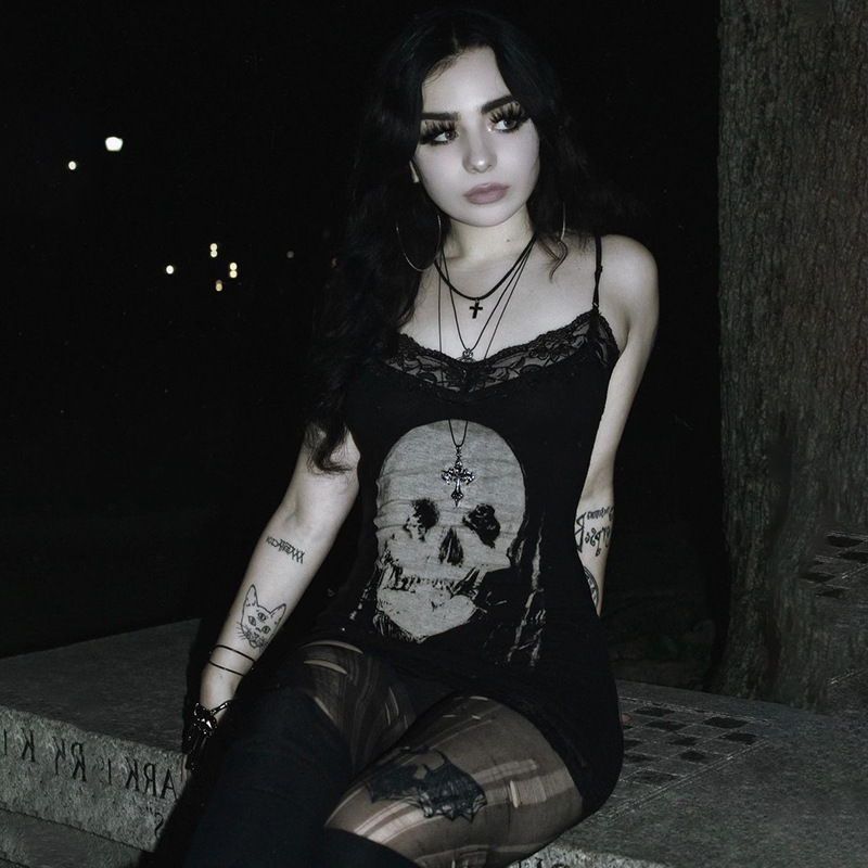 Dark Style Personalized Spicy Girl Short Skirt with Skull Print Suspender Skirt