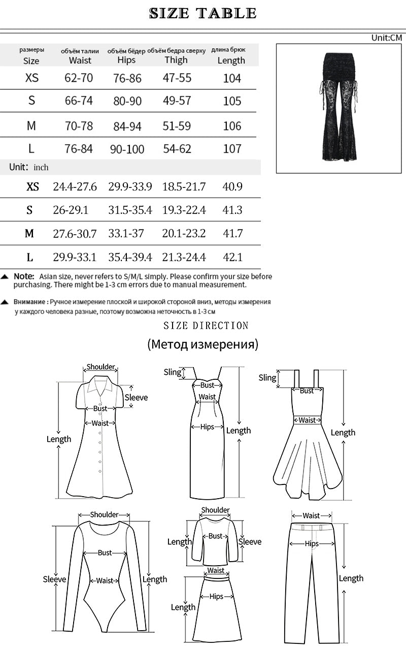 Y2K Gothic Streetwear Lace Mesh Flared Pants Black Sexy Perspective Long Trousers