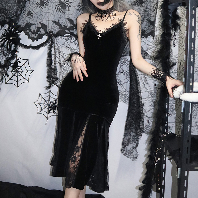 Dark Halloween Style Punk Dress Sexy Lace Print Party Dress Cosplay  Streetwear Y2K Skirt