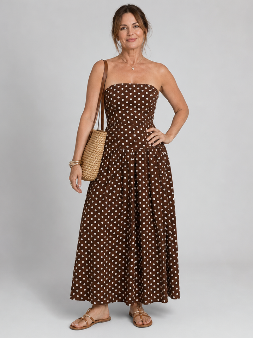Carola | Trägerloses Maxikleid mit Punktemuster – Ansicht 01