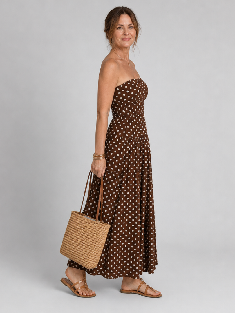 Carola | Trägerloses Maxikleid mit Punktemuster – Ansicht 01