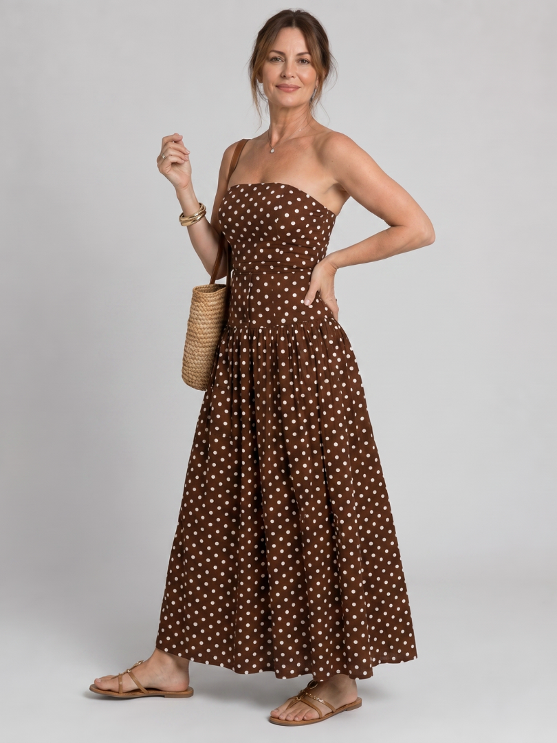 Carola | Trägerloses Maxikleid mit Punktemuster – Ansicht 01