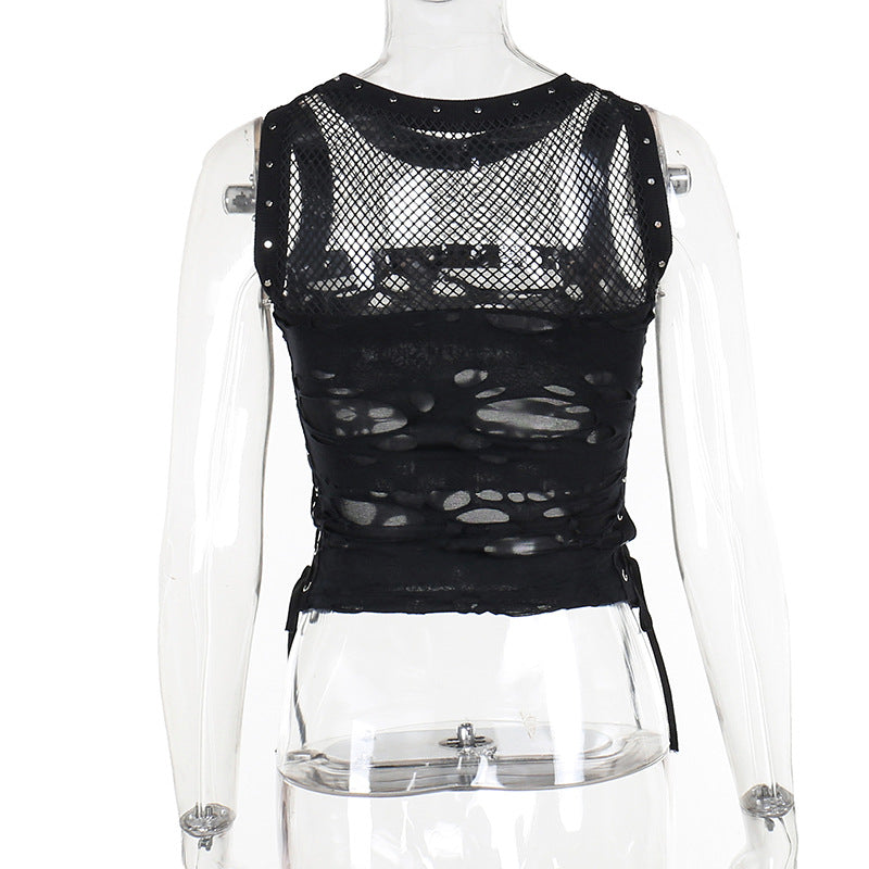 Sexy Slightly Transparent Spicy Tank Top Dark Style Punk Trendy Ripped Mesh Fabric Vest