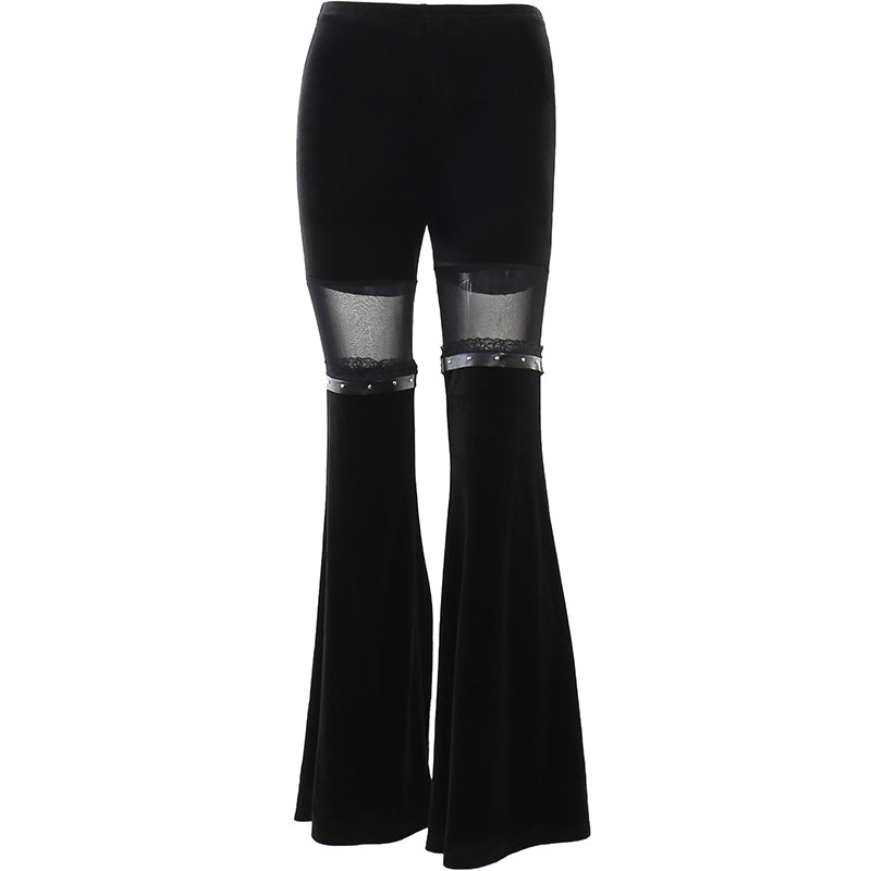 Dark Mesh Spliced Flared Pants Slim Fit and Slimming High Waisted Casual Pants