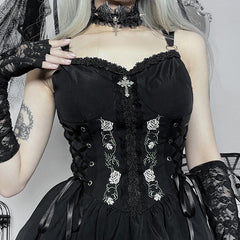 Elegant Temperament Lace Dress Sexy Suspender Dress Black Waist Cinched Short Skirt