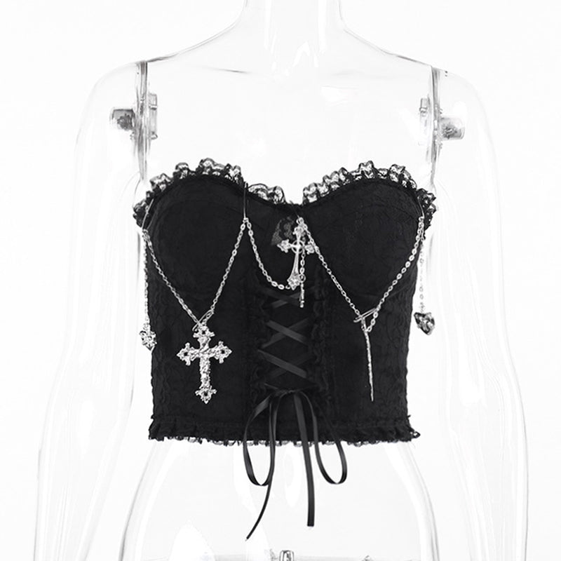 Dark Halloween Style Lace Tank Top Punk Navel Print Sexy Backless Streetwear Y2K Camisole